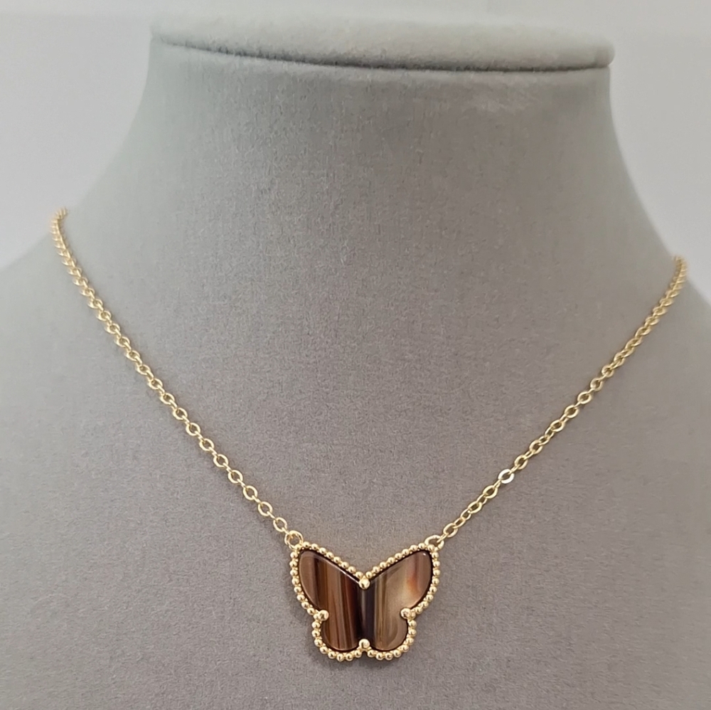 Gold Butterfly Pendant Necklace with Brown Inlay